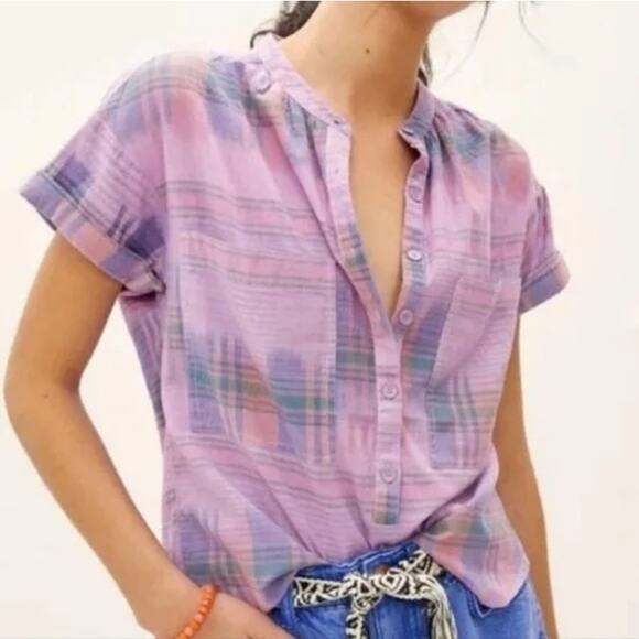 Pilcro Short Sleeve Hannah Plaid Surf Shirt Top Pink Large - Picture 1 of 10